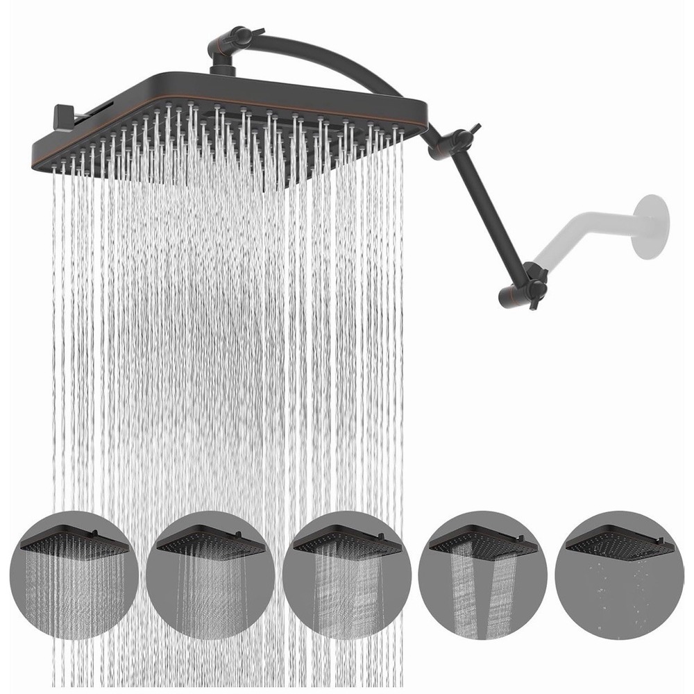 13'' High Pressure Rainfall Shower Head Square 5 Spray Mode with 16" Shower Arm